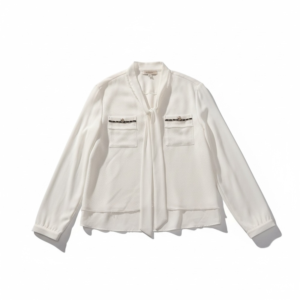 Frank Lyman Preppy White Tie-Neck Blouse Gold Chain Detail Office Luxe L NWT
